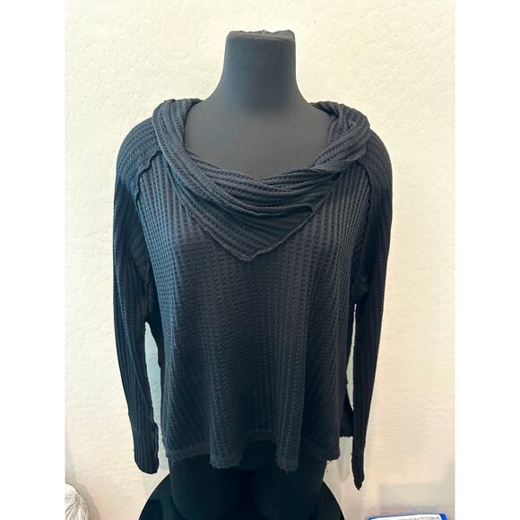 FREE PEOPLE | We The Free Thermal Black Cowl Neck Cropped Sweater | Medium - Picture 2 of 6